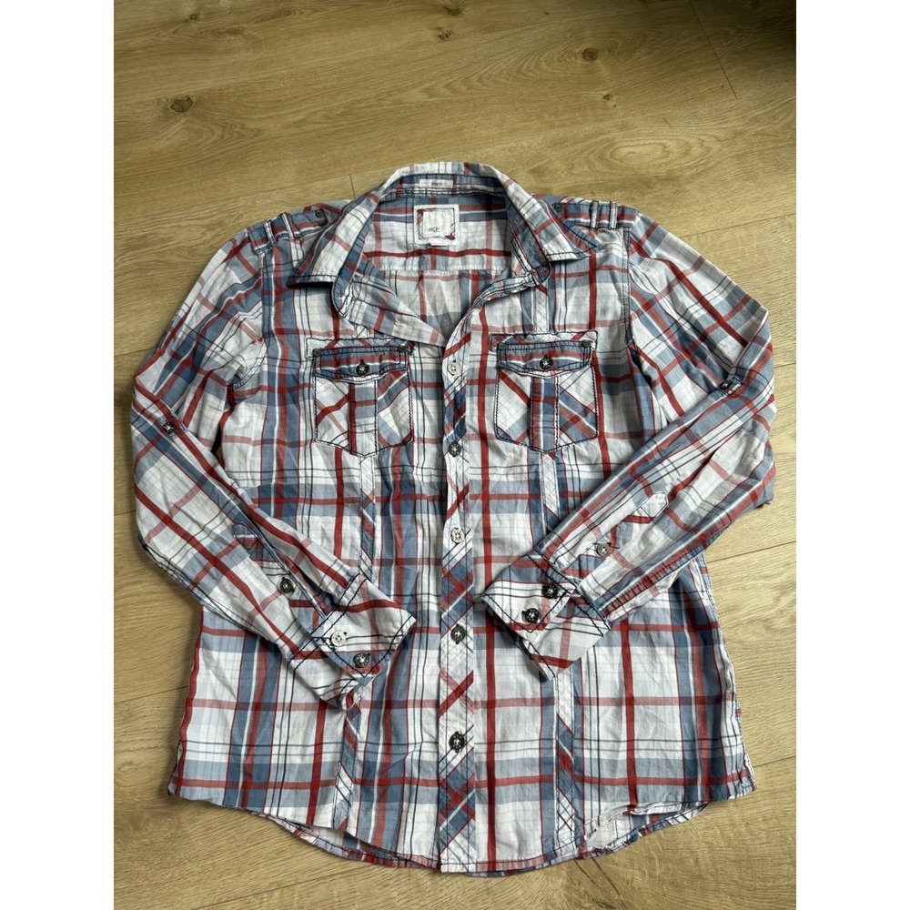 EUC Mens BKE Slim Fit plaid roll tab long sleeve button up cotton pockets size L